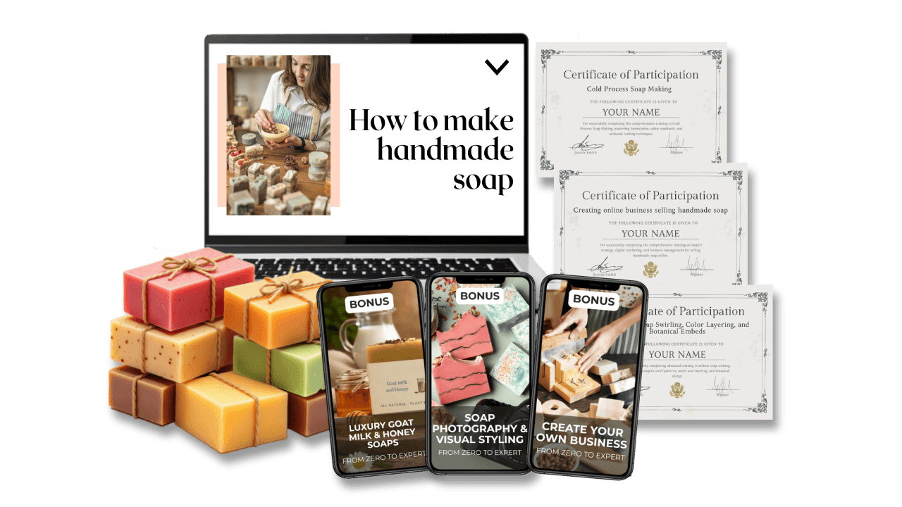 Everything included in The Artisan Soap System: the main course, 7 bonus courses, and 3 certificates