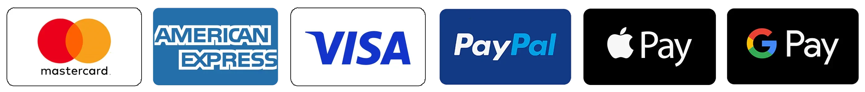 Accepted payment methods: Mastercard, American Express, Visa, PayPal, Apple Pay, and Google Pay